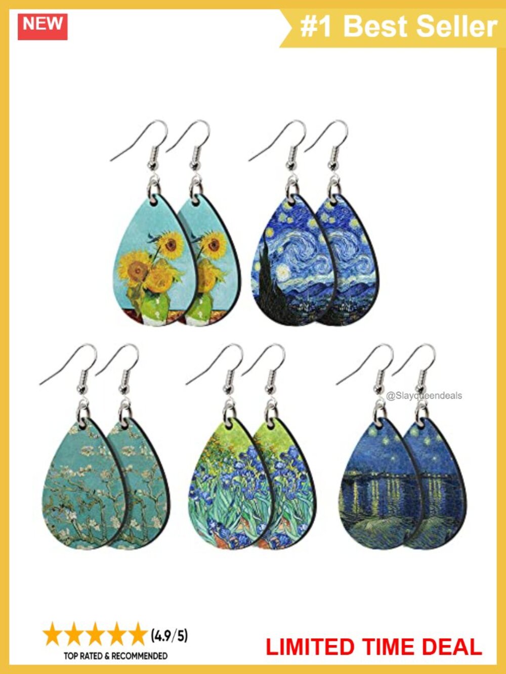 MDF Teardrop Dangle Earrings French Wire Set of 5